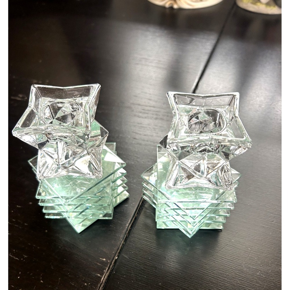 Vintage 24% Lead Crystal Star of David Candle Holders Set of 2 Starburst